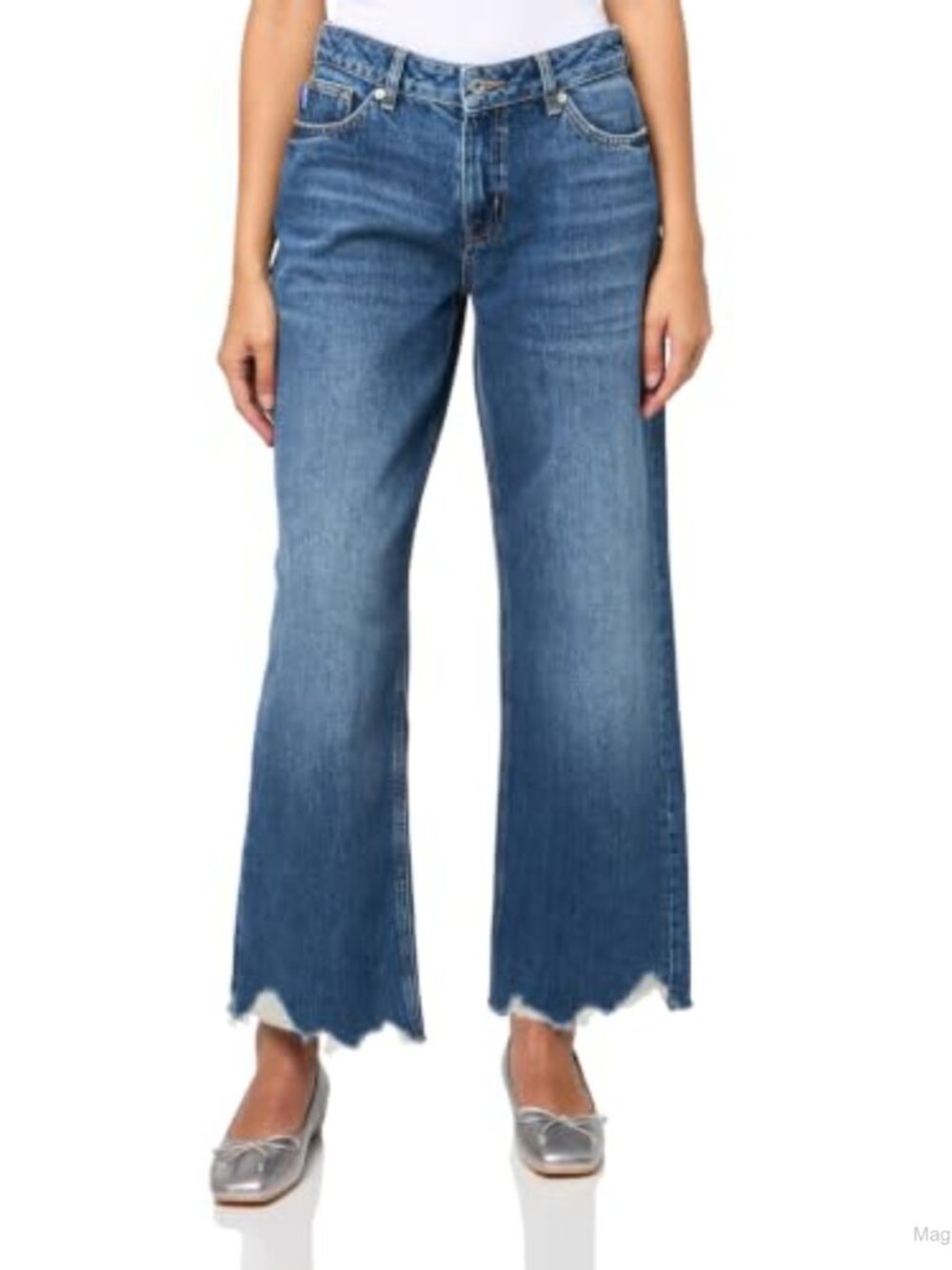 Loose Fit Frayed Hem Boot Cut Jeans 100% Cotton Mid Rise Full Length
